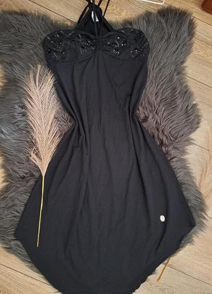 Черный миди летний сарафан с декором на груди