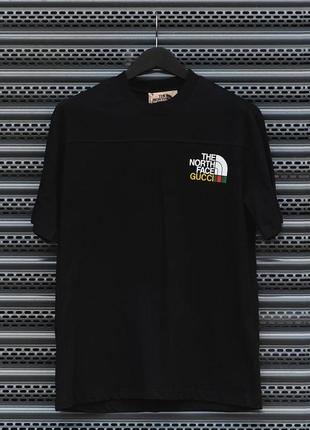 Мужская футболка хлопковая  the north face x gucci 100% cotton / нортфейс гуччи черная летняя одежда4 фото