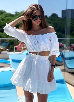 Білий комплект з прошви спідниця міні+топ xs s m 42 44 46 ексклюзивний преміальний весірній ніжний костюм