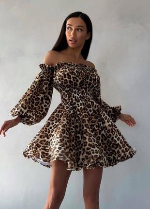 Сукня плаття міні коротка леопард принт штапель селянка