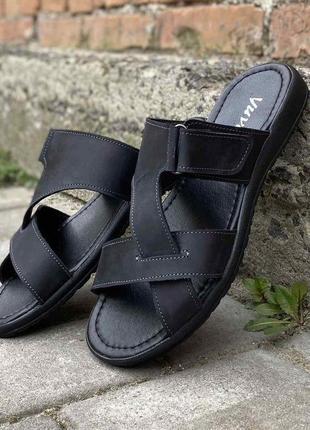 Чоловічі шльопанці шкіряні літні чорні  р-р 40