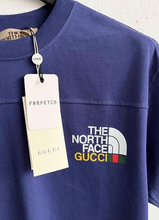 Мужская футболка хлопковая  the north face x gucci 100% cotton / нортфейс гуччи синяя летняя одежда4 фото