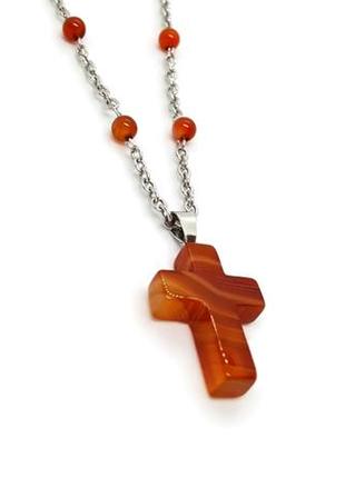 🧡⛓️ кулон чокер ланцюжок з підвіскою "хрестик" натуральний камінь сердолік