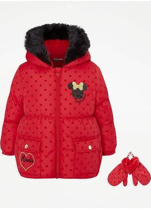 Красное пуховое пальто и варежки в горошек disney с минни маус george 7017