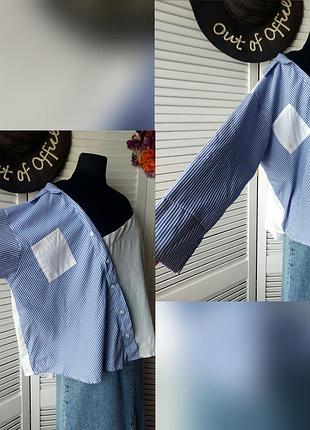 Асиметрична сорочка оверсайз біла/синя в смужку з приспущеним плечем.2 фото