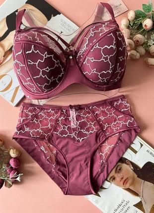 80/85/90/95/100d бордовий комплект жіночої нижньої білизни з портупеєю на чашку d