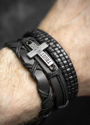 Браслет мужской кожаный с крестом black trust черный широкий комплект