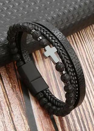 Браслет мужской кожаный friar черный плетеный с крестом 17-19 см
