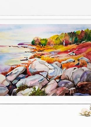 Картина акварель 28х19 см осінній пейзаж кам'яний берег