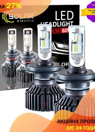 Лампа головного света автомобильная светодиодная led solar h4 12/24v 6500k 8000lm 60w zes chip vt-33