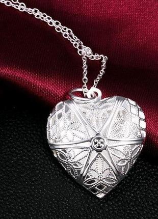 Посріблений ажурний медальйон серце на ланцюгу 925, 109495