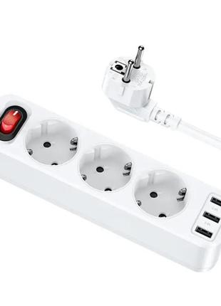 Удлинитель сетевой hoco ns2 3-position extension 3usb 3 розетки 4000w qc 1.8м белый