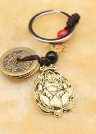 Брелок-талісман символ фен шуй хотей у лотосі та 5 монет