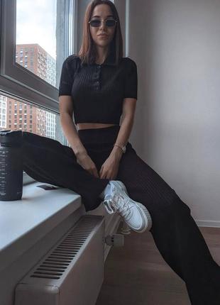 🌈 черный, голубой! шикарный женский костюм черный брючный рубчик штаны брюки футболка топ-топкий