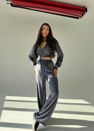 Демісезоний преміальний велюровий костюм штани палаццо+укорочена кофта плюш колір графіт/сірий туреччина 42 44 xs s4 фото