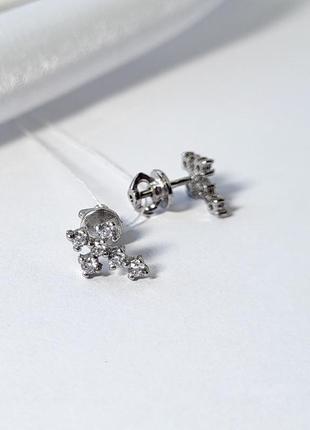 Серебряные серьги (пара) гвоздики на закрутках крестик с белыми камнями серебро 925 пробы родированное 5429р