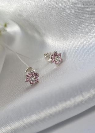 Серебряные женские сережки гвоздики на закрутках цветок с розовыми камнями серебро 925 пробы 2137/2 1.99