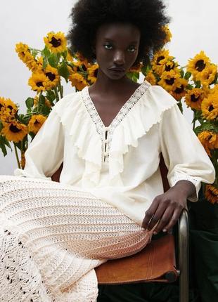 Zara блуза у вінтажному стилі мереживо рюші з нових колекцій/7736/