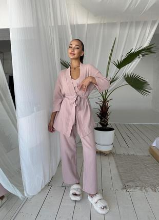 Комплект для дома и сна 3ка муслин кимоно + топ + штаны беж мокко пижама муслиновый хлопок