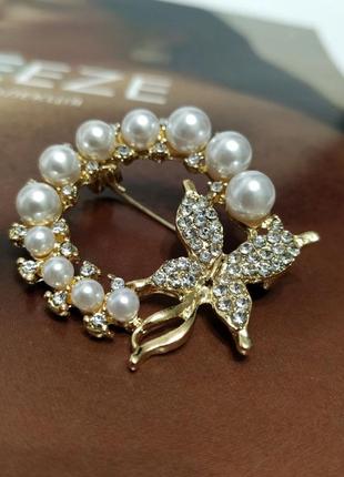 Брошь золотистая с бусинами пен значок венок бабочка брошь искусственный жемчуг