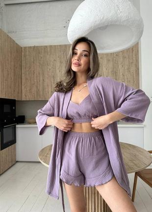 Трійка муслін ліловий кімано + топ + шорти з рюшами піжама для дому та сну муслінова