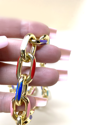 Новий набір крупний ланцюжок на шию на руку браслет з мазками кольорової емалі кольє в золоті3 фото