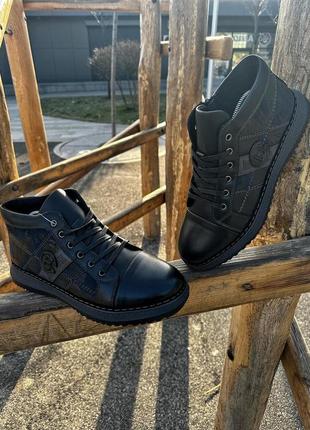 Чоловічі черевики шкіра, чорно / сині casual5 фото