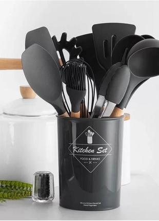 Силіконовий кухонний набір приладдя з дерев'яною ручкою 12 предметів чорний