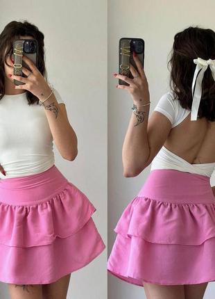Спідниця коротка однотонна на високій посадці якісна стильна трендова рожева морквяна