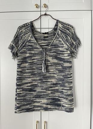 Меланжева в’язана кофтина з коротким рукавом, бавовна, акрил.