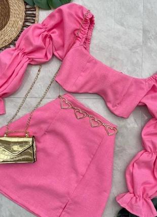 Стильный льняной летний женский костюм топ + юбка мини легкий комплект из льна