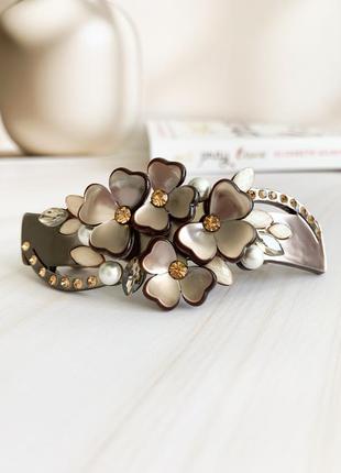 Коричнева заколка-автомат для волосся «floral», французька якість