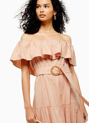 Дивовижне, натуральне, плаття, сукня, з воланами, topshop, кольору пудри, розмір s, з відкритими плечима