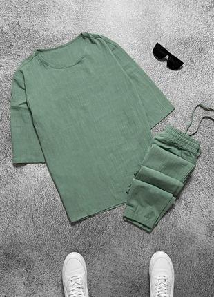 Лляний компект оверсайз футболка і штани