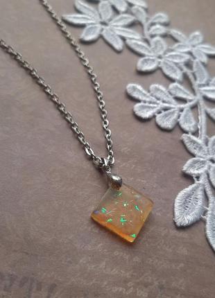 Кулон эпоксидн ювелирная смола опал шиммер прозрачн ромб сереб цепочк стильн украшен бижутер hand made