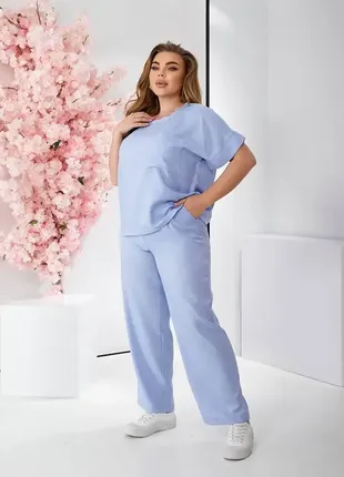 Костюм из натуральной льняной ткани брюки с высокой посадкой+блуза свободного кроя  разные цвета