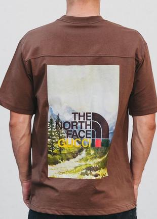 Мужская футболка хлопковая  the north face x gucci 100% cotton / нортфейс гуччи коричневая летняя одежда