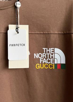 Мужская футболка хлопковая  the north face x gucci 100% cotton / нортфейс гуччи коричневая летняя одежда9 фото