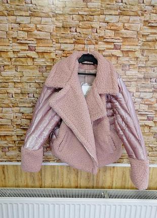 Куртка шубка косуха мех под овчину перламутровая плащевка стежка