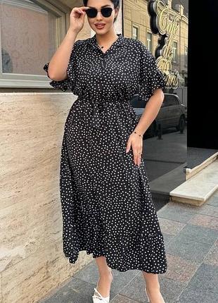 Платье с поясом и повязкой для волос🥰 легкая летняя миди в горошек с короткими рукавами батал