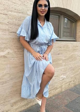 Сукня з поясом і повʼязкою для волосся🥰 легка літня міді в горошок з короткими рукавами батал
