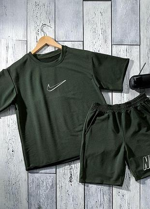 Чоловічий літній оверсайз костюм nike футболка + шорти хакі комплект найк на літо (b)
