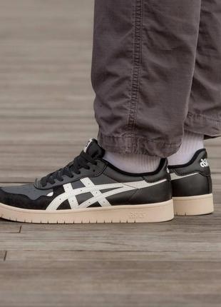 Мужские кроссовки asics кожаные черные с бежевым асикс с замшевыми вставками весенние осенние (b)