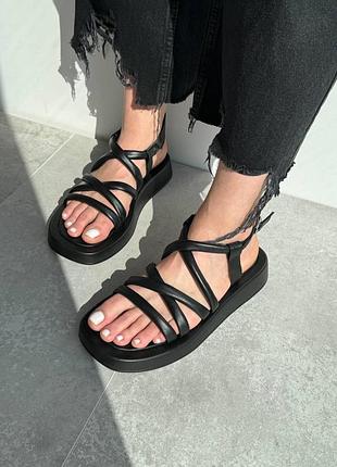 Натуральная кожа, топовые женские черные босоножки