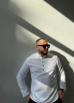 Мужская льняная рубашка белая воротник стойка с длинным рукавом (b)