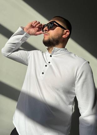 Мужская льняная рубашка белая воротник стойка с длинным рукавом (b)