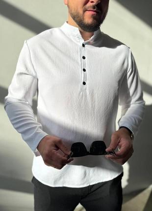 Мужская льняная рубашка белая воротник стойка с длинным рукавом (b)