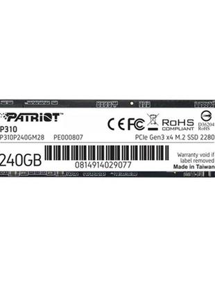 Накопичувач ssd patriot p310 240gb m.2 2280 pci express 3.0 x4 3d tlc nand 9г