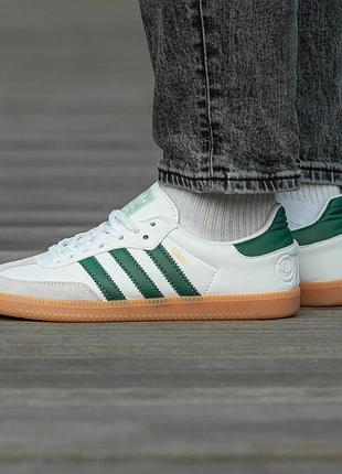 Чоловічі кросівки adidas samba шкіряні білі із зеленим адідас самба весняні (b)