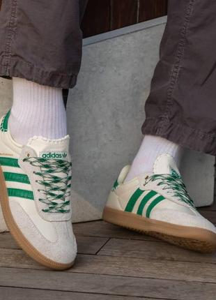 Жіночі кросівки adidas samba x wales шкіряні молочні із зеленим адідас самба весняні (b)
